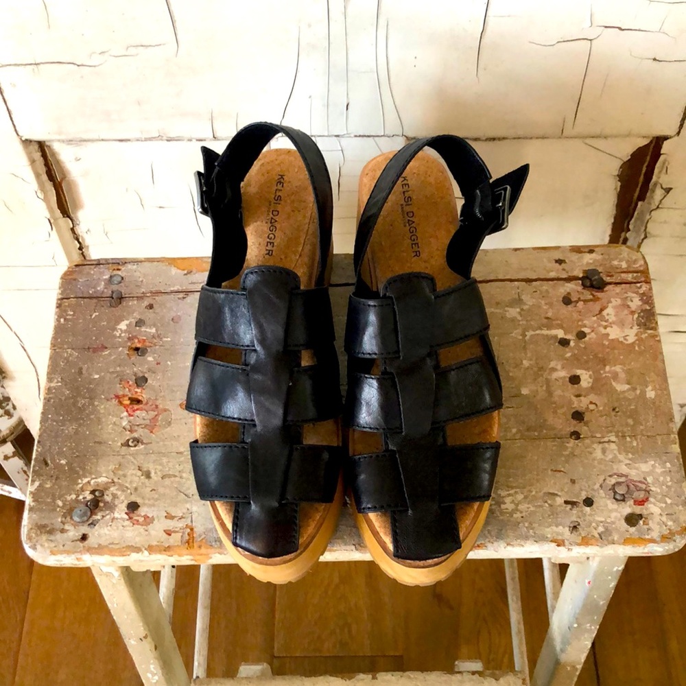 Kelsi Dagger Black Leather Fisherman Clog Mules with Tan Platform Sole